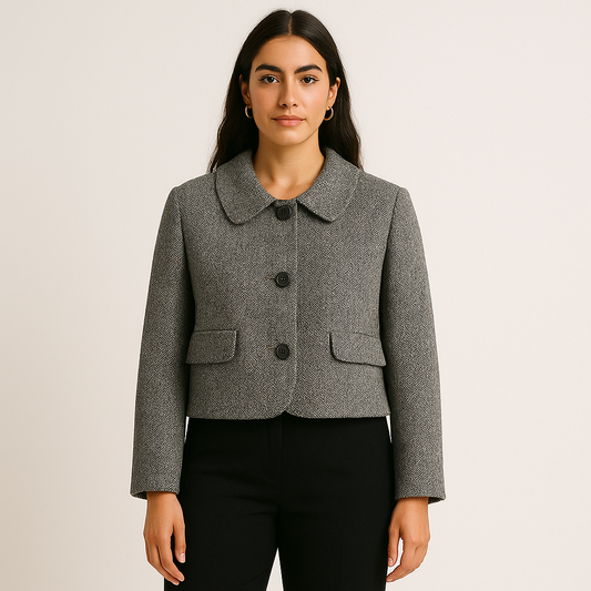 Blazer Corto de Espiguilla con Cuello Redondeado