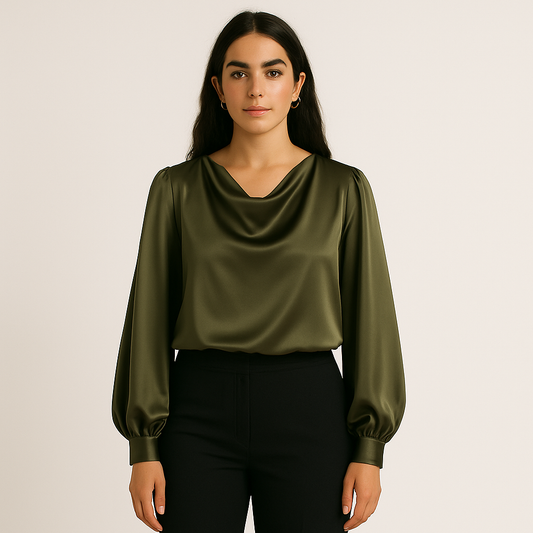 Blusa Satinada con Escote Drapeado en Verde Oliva