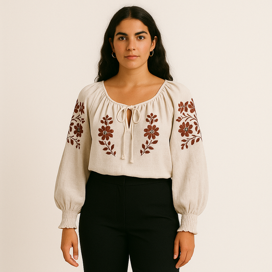 Blusa Campesina Bordada en Lino Natural