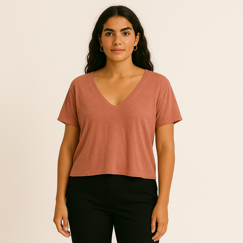 Camiseta Holgada con Cuello en V en Terracota Desgastado