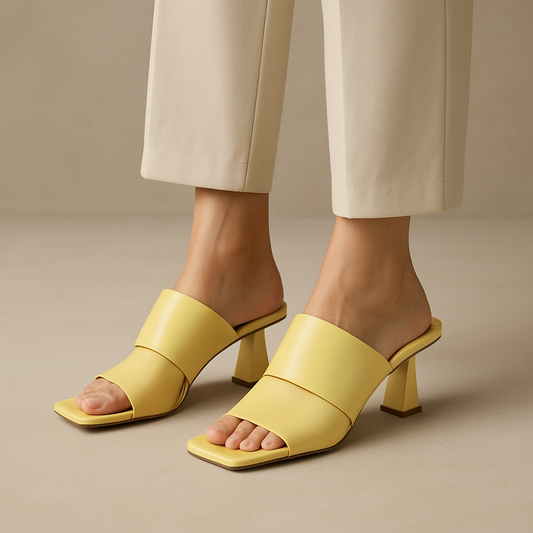 Mules Amarillos con Punta Cuadrada y Tacón Arquitectónico